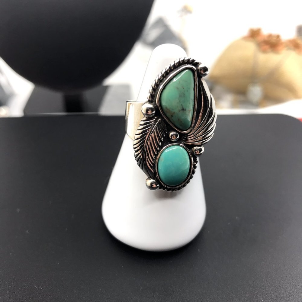 Vintage Navajo Sterling Silver Southwest Double Turquoise Stone Ring Size 7 - Picture 4 of 5